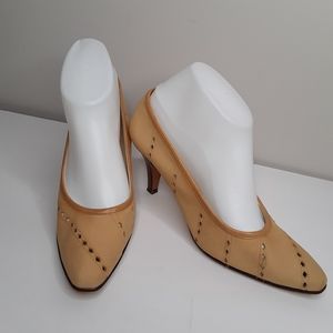 Vintage Garolini tan pumps cutouts stack h…